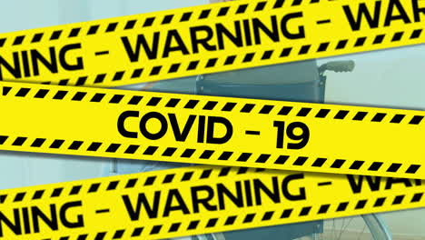 words warning and virus written on yellow tape over a senior man. covid-19 spreading