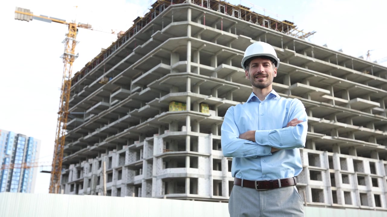 Confident Engineer in Hard Hat Standing with Arms Crossed at Construction Site