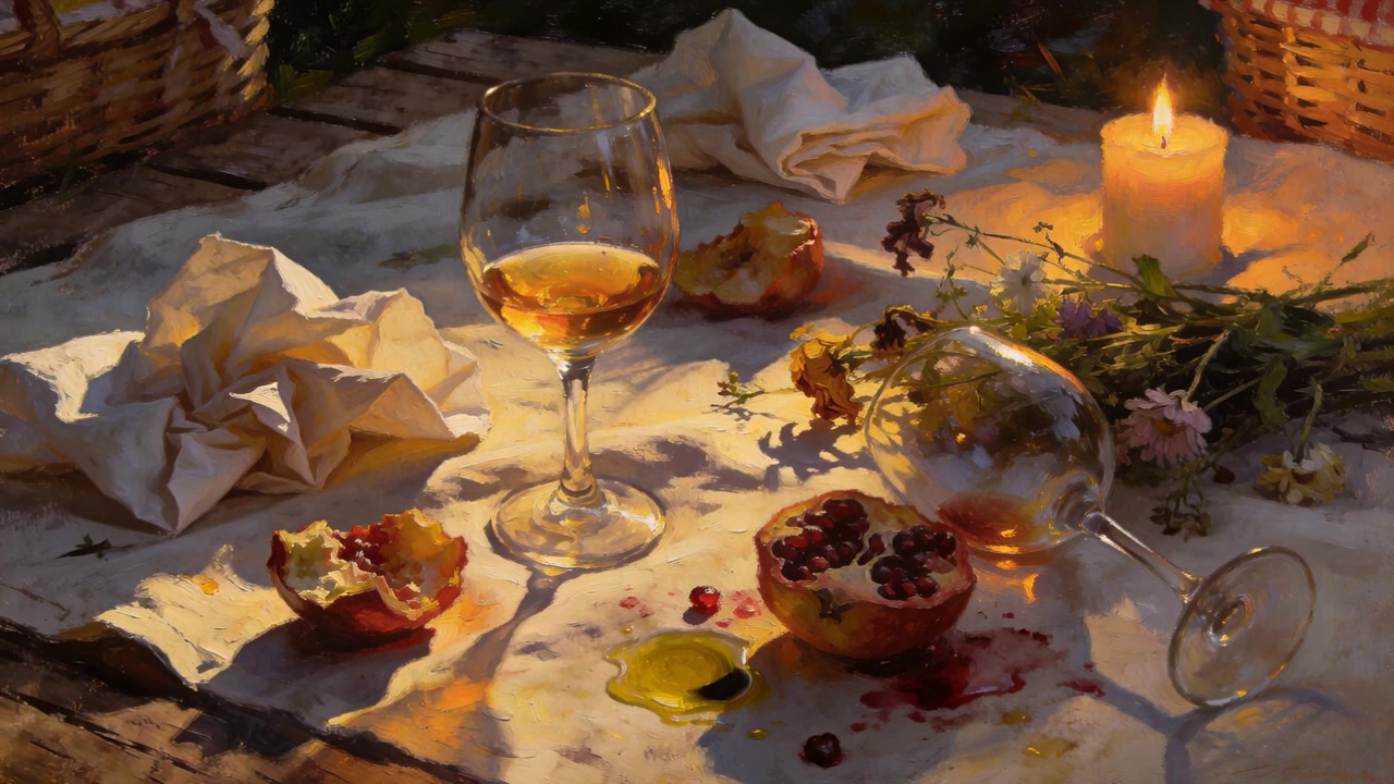 Vela tremeluzente projetando reflexos em taça de vinho, romã partida ao meio, mancha de óleo em pano branco.