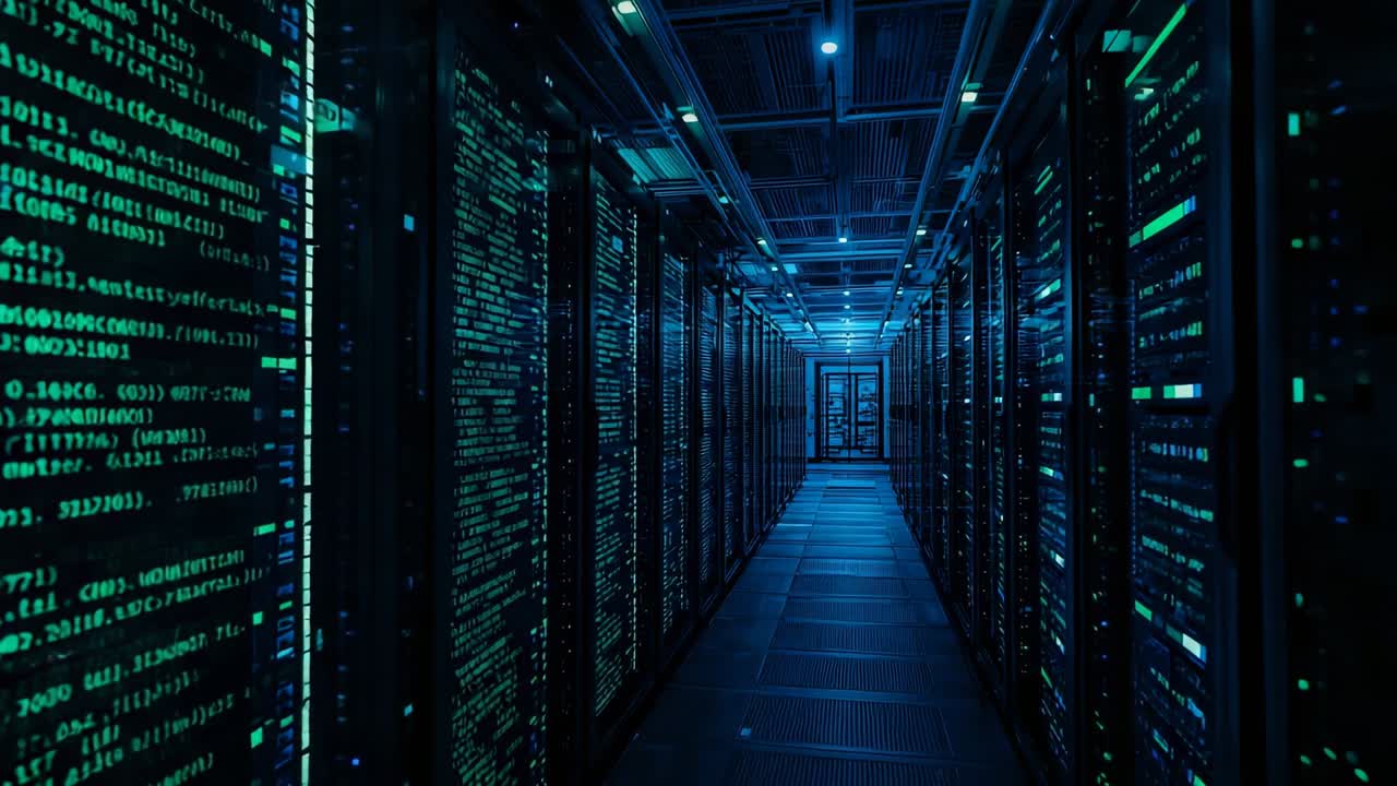 Starting camera tracking forward through data center corridor, showing server racks code panels