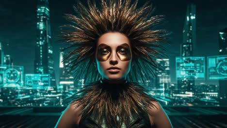 futuristic vision: a bold character with striking hair and mask stands confidently in a high-tech urban landscape, blending style with futuristic aesthetics