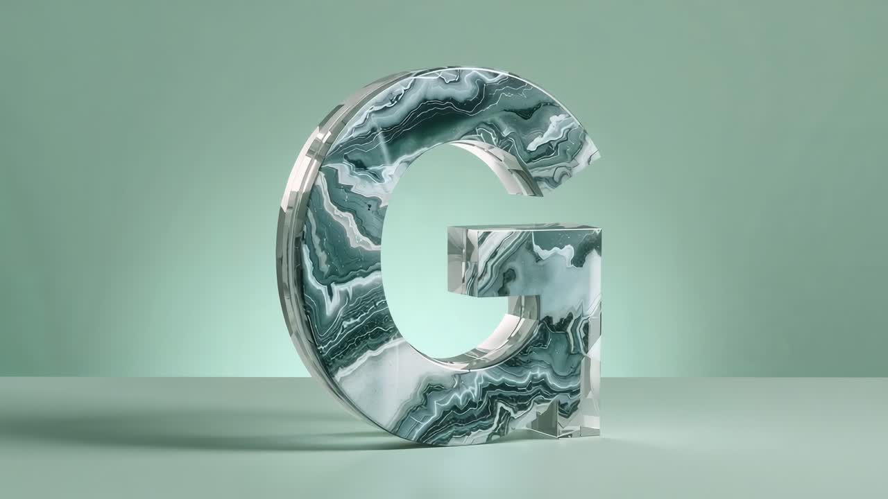 Soft glow emerging behind marble letter G, rotating on mint green backdrop and revealing veins