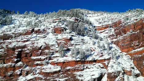 drone footage panning left to right of a red rock cliff covered in snow located in the rocky mountains of colorado