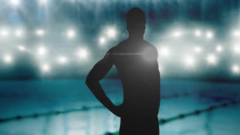 animación de la silueta de un nadador masculino sobre reflectores y piscina