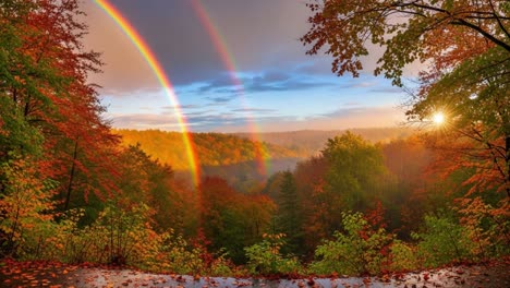 stunning autumn landscape with vibrant rainbows and enchanting fall foliage reflected in a serene forest setting at sunrise