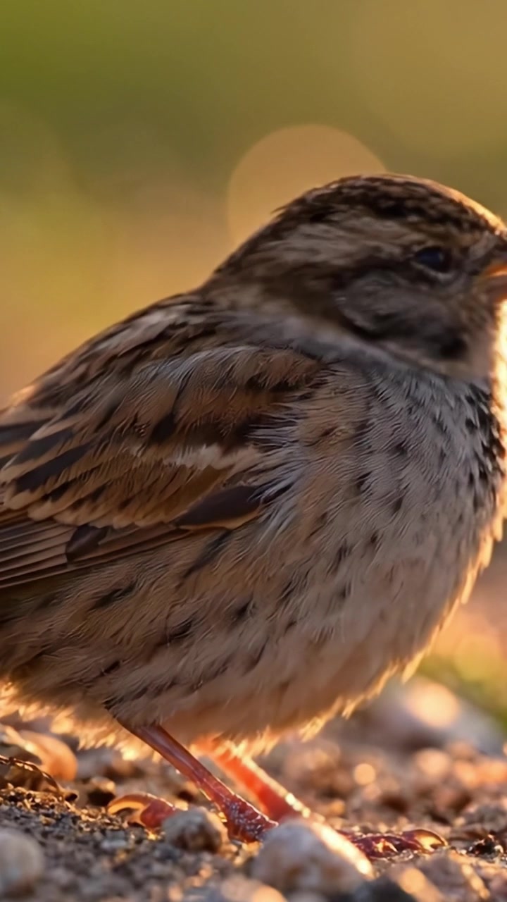 Un bellissimo passero appollaiato temporaneamente mentre cerca cibo a terra, catturato in luce soffusa che evidenzia i suoi motivi unici delle piume e la sua postura aggraziata