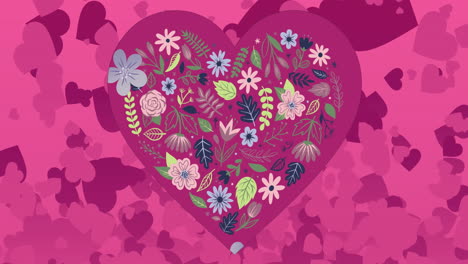 animation of multiple hearts over falling flowers on pink background