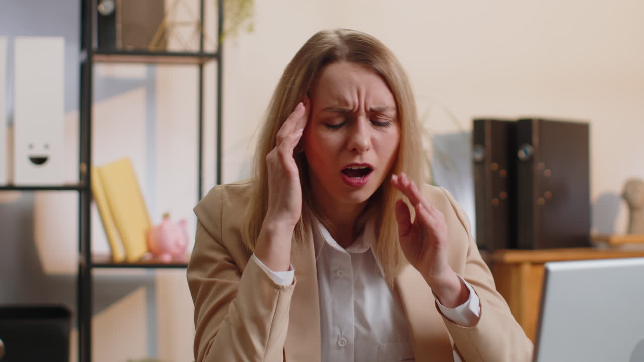 Tired sleepy business woman suffering from headache problem tension migraine stress at home office