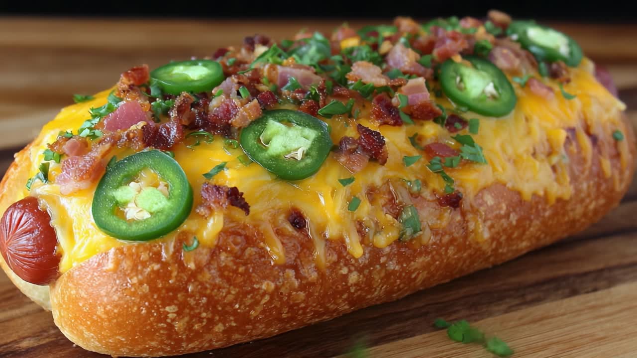 Una delizia a strati: hot dog gourmet ricco di formaggio filante, bacon croccante, jalapeños freschi e cipolle verdi, servito su un panino tostato e pronto per essere gustato.