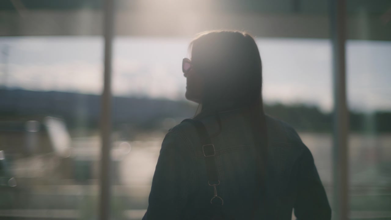 Woman looking through a big window in the airport terminal
