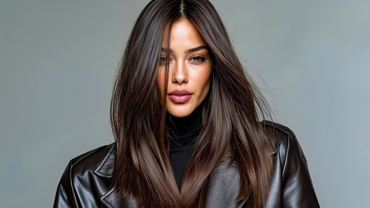 una mujer con el cabello largo y marrón con una chaqueta de cuero negra