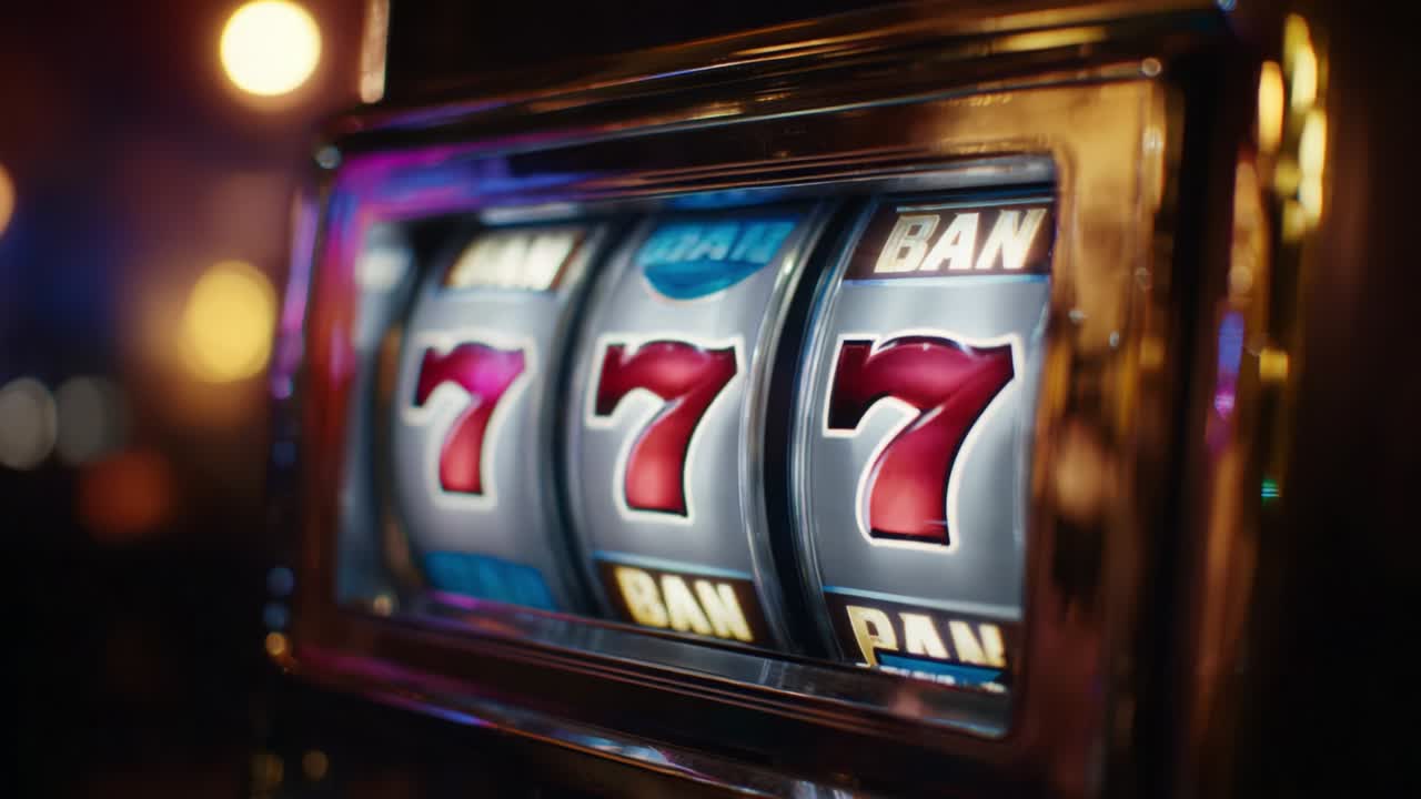 A Close-Up Look at the Classic Slot Machine Featuring Iconic Sevens, Bright Lights, and Vibrant Colors, Capturing the Thrill and Excitement of Gambling and Winning Big in a Luxurious Casino Setting