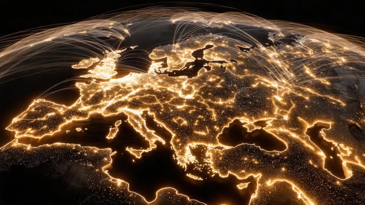 Una splendida vista notturna dell'Europa illuminata da connessioni geografiche e flusso di dati, che mostra l'intricata rete di infrastrutture moderne e città.