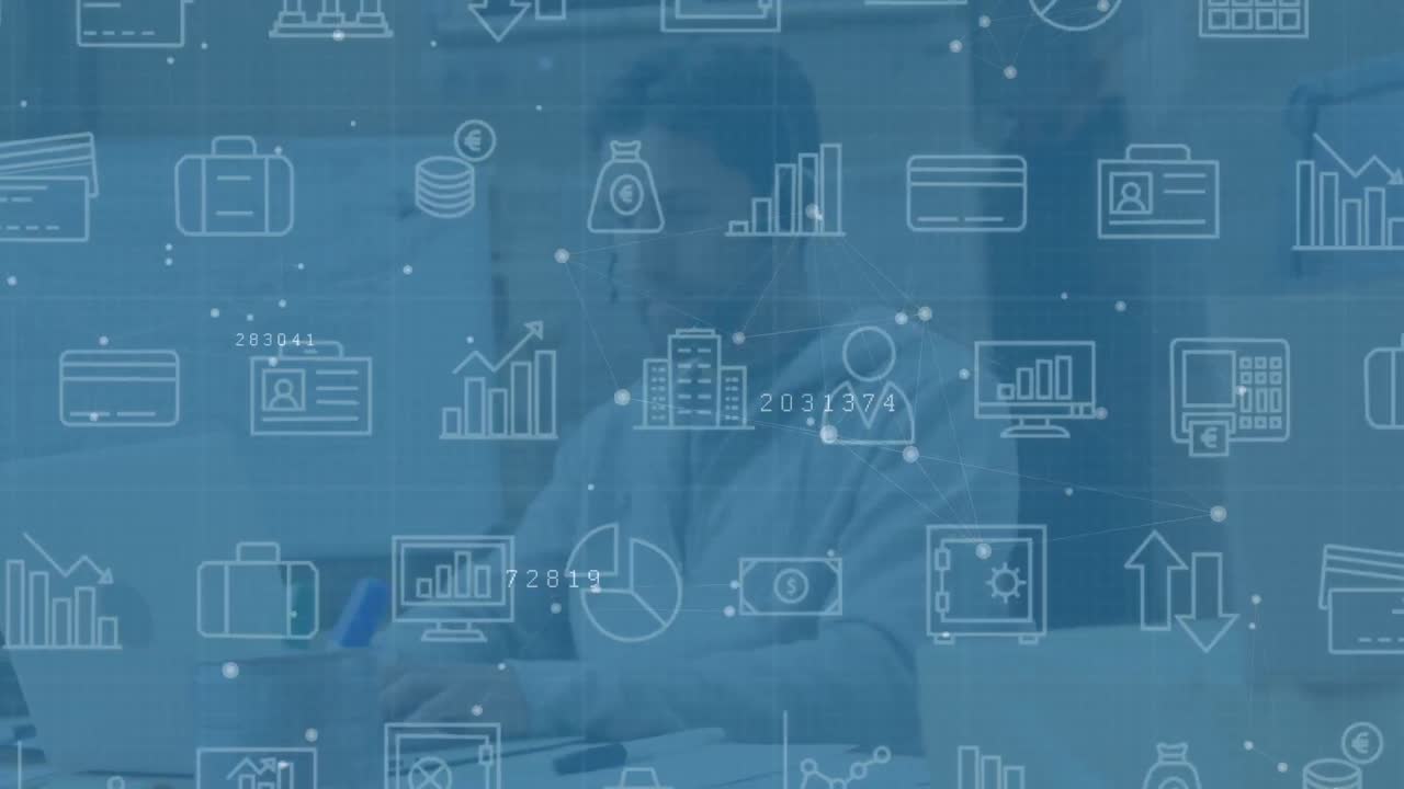 animación de iconas financieras sobre el consultor caucásico masculino