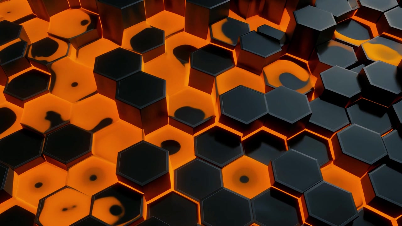 Abstract 3D Animation of Moving Black Hexagons with Glowing Orange Background