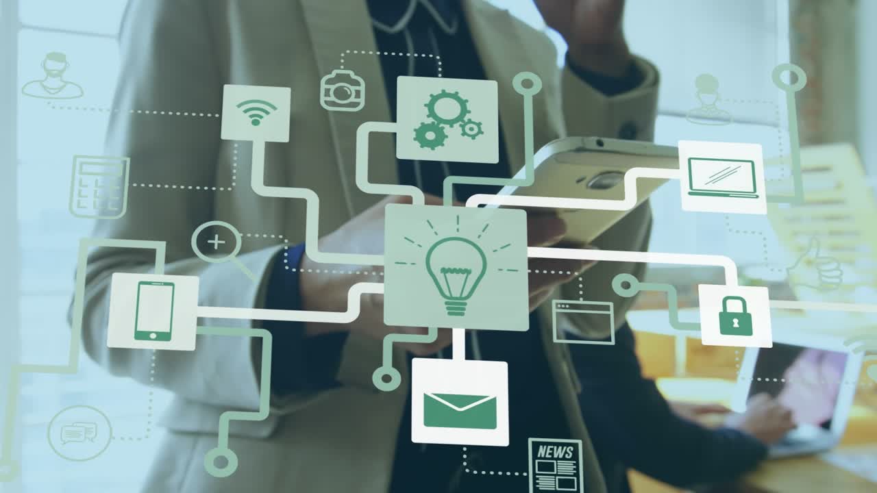 Animation of network of connections with icons over caucasian man using smartphone