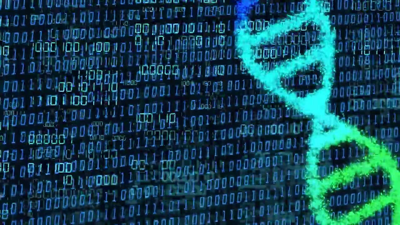 Particle column appearing right side forming rotating cyan green helix on binary field showing data