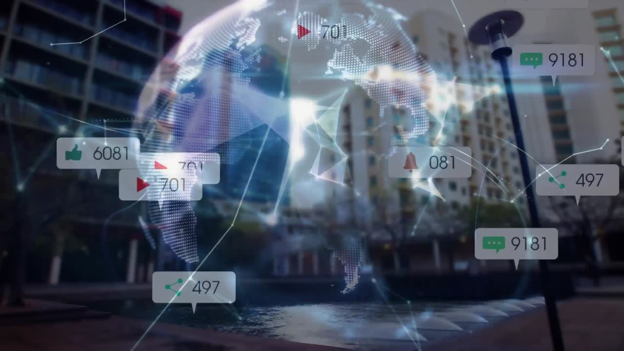 연결 네트워크와 소셜 미디어 아이콘과 숫자를 가진 지구의 애니메이션