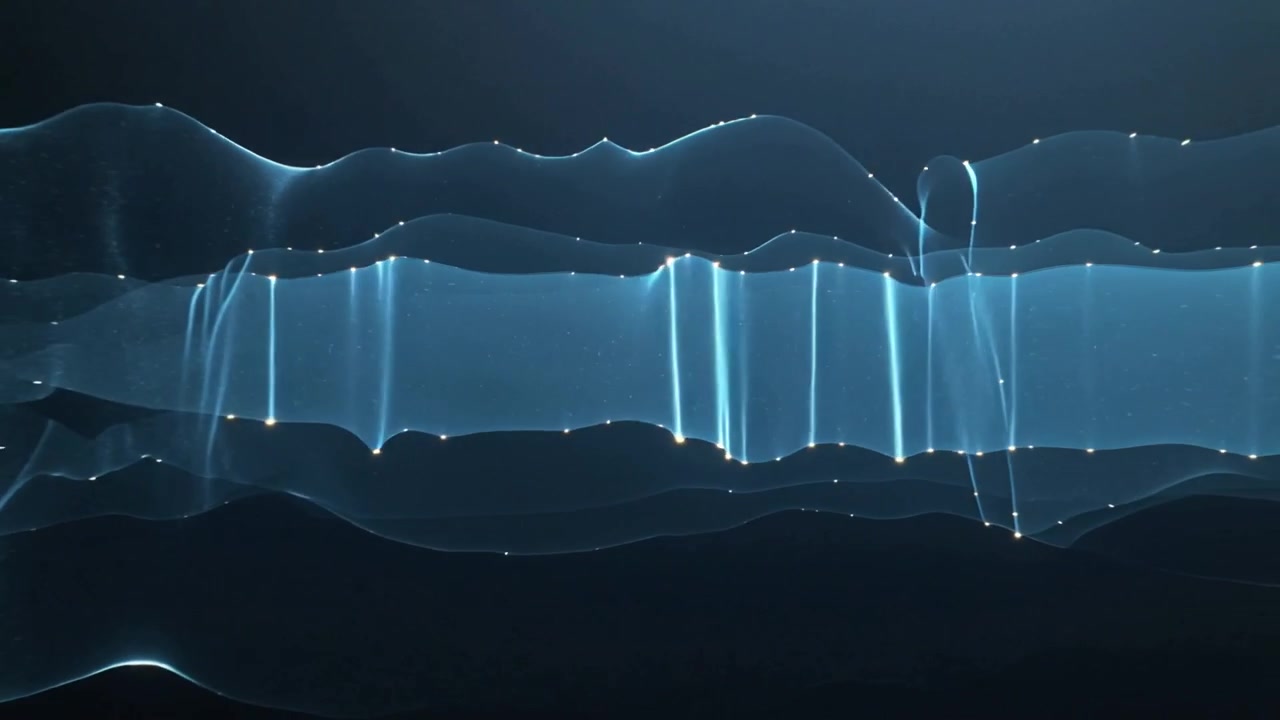 Entering blue ribbon folding across dark studio backdrop, pulsing nodes, simulating current