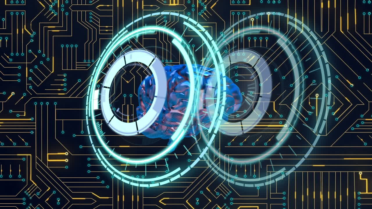 анимация сканирования масштаба над цифровым мозгом и платой компьютерных схем