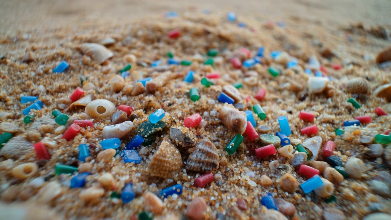 Colorful Plastic Fragments On Sandy Beach Closeup Macro Of Tiny Multicolored Beads And Pellets Mixed