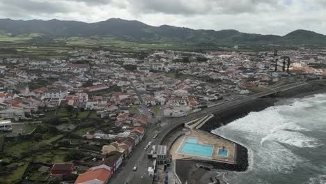 ribeira grande coastal town, aerial orbit panoramic view, azores