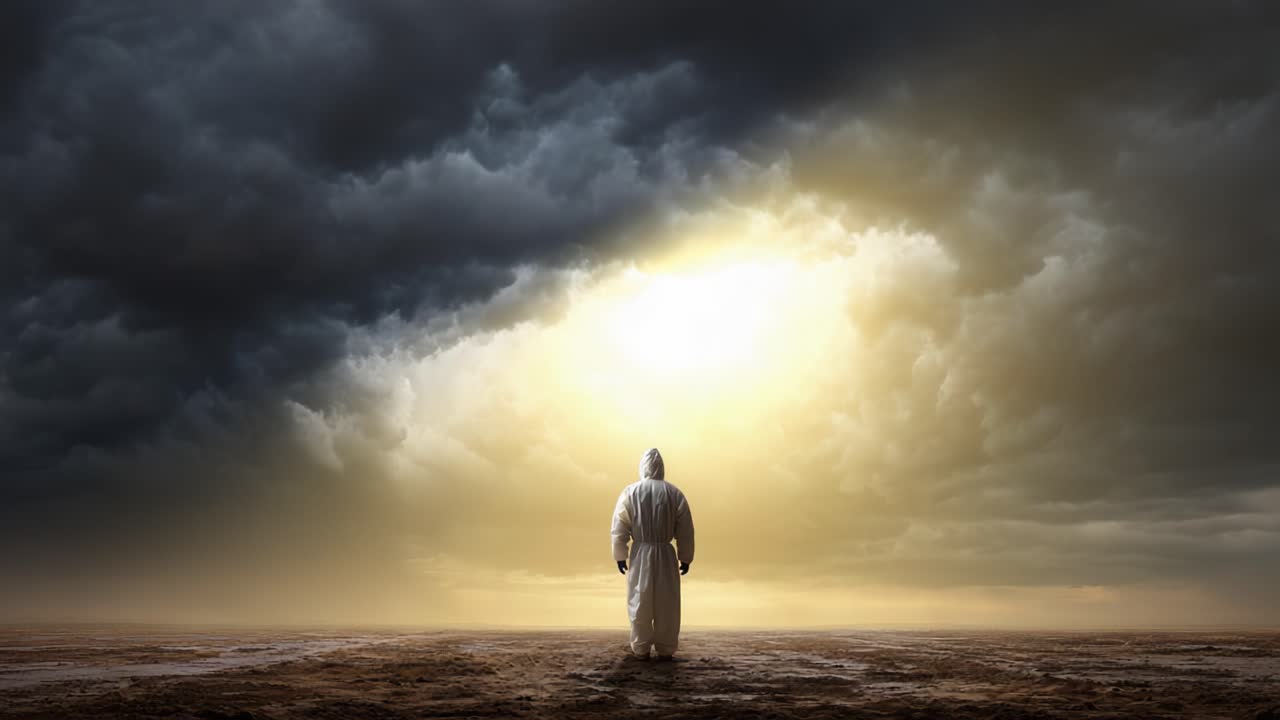 Una figura solitaria in una veste bianca affronta un cielo drammatico pieno di nuvole temporalesche scure e un'apertura luminosa, simboleggiando la speranza tra caos e incertezza.