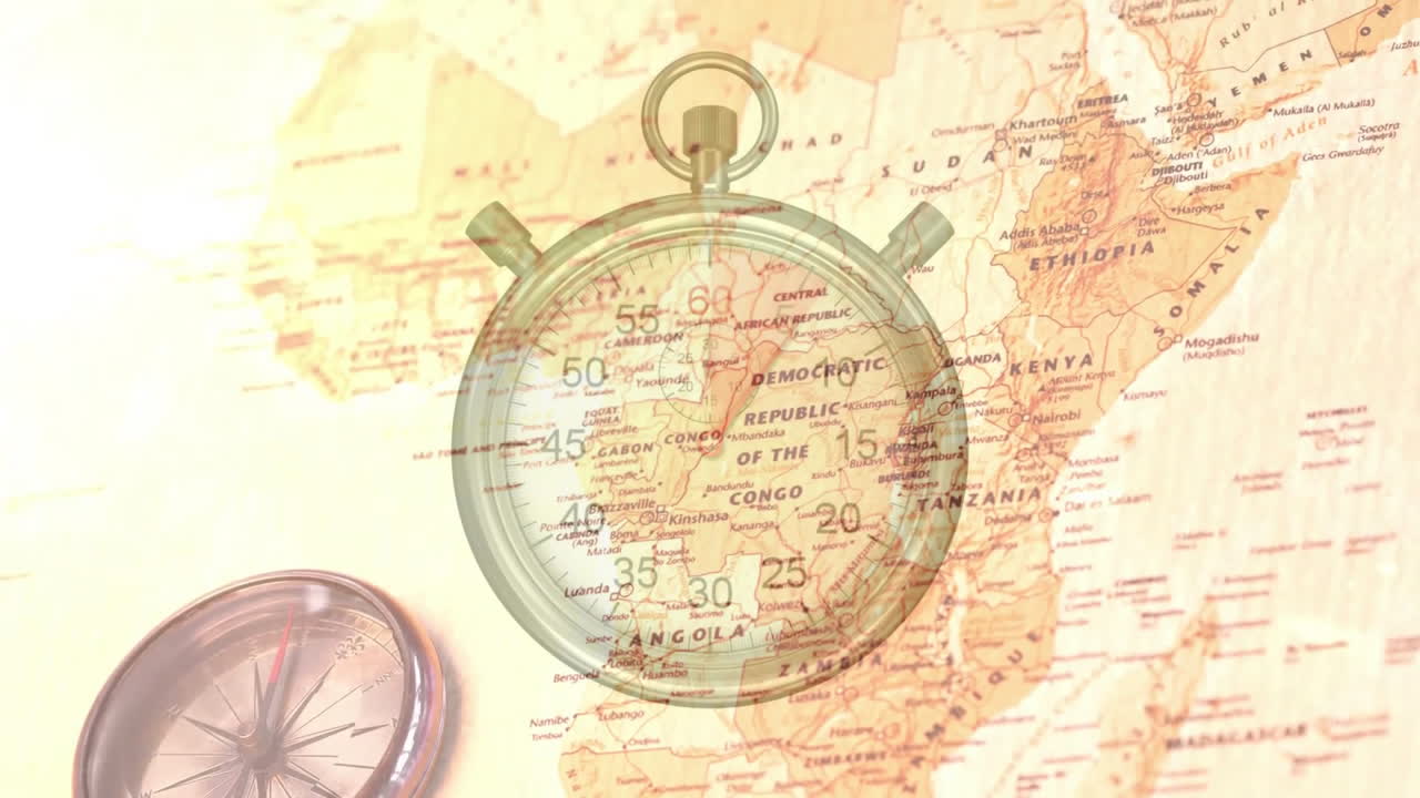 세계 지도에 있는 아프리카 위의 나침반 위에 있는 스 워치의 애니메이션