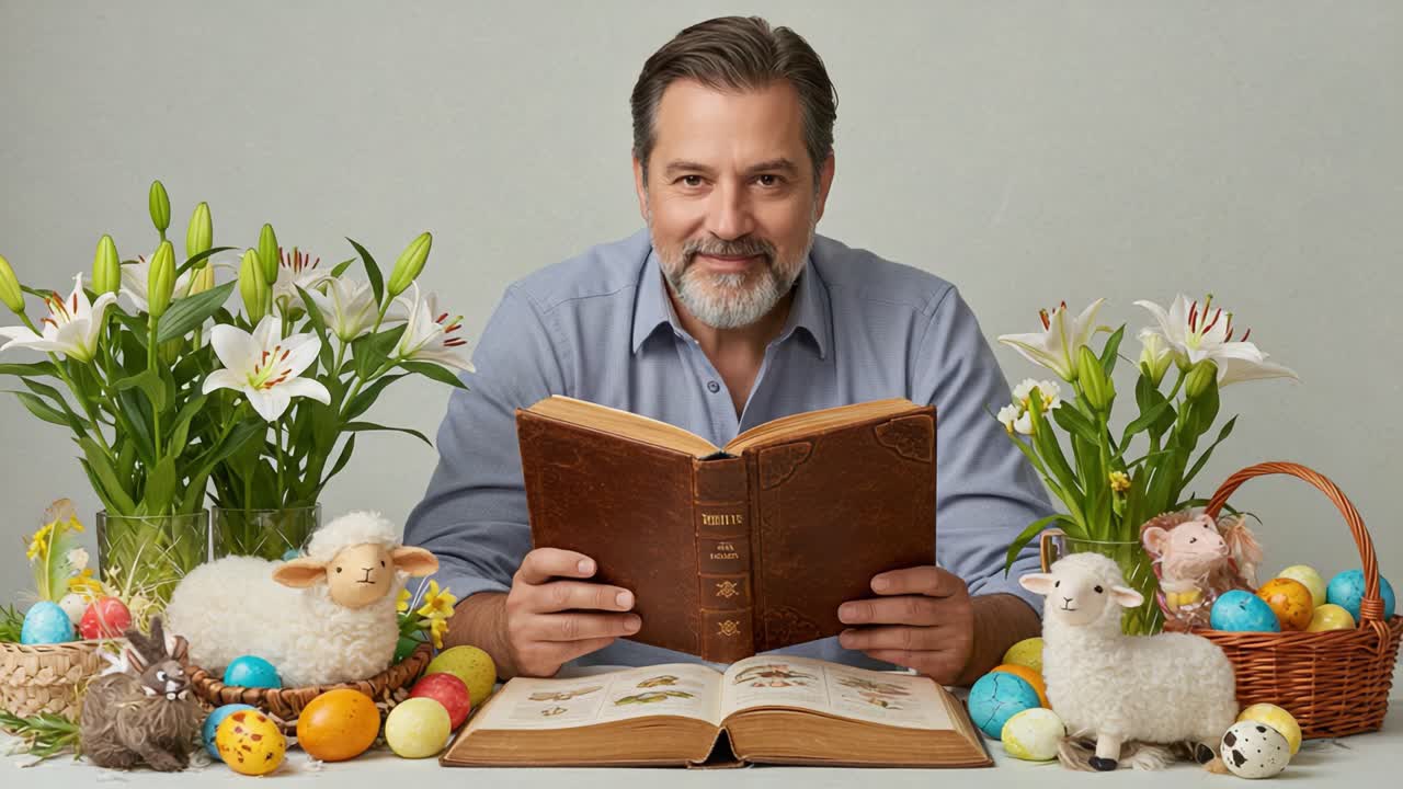 A Man Enjoys Reading a Book Surrounded by Easter Decor, Including Colorful Eggs, Flowers, and Cute Plush Animals for a Festive Celebration