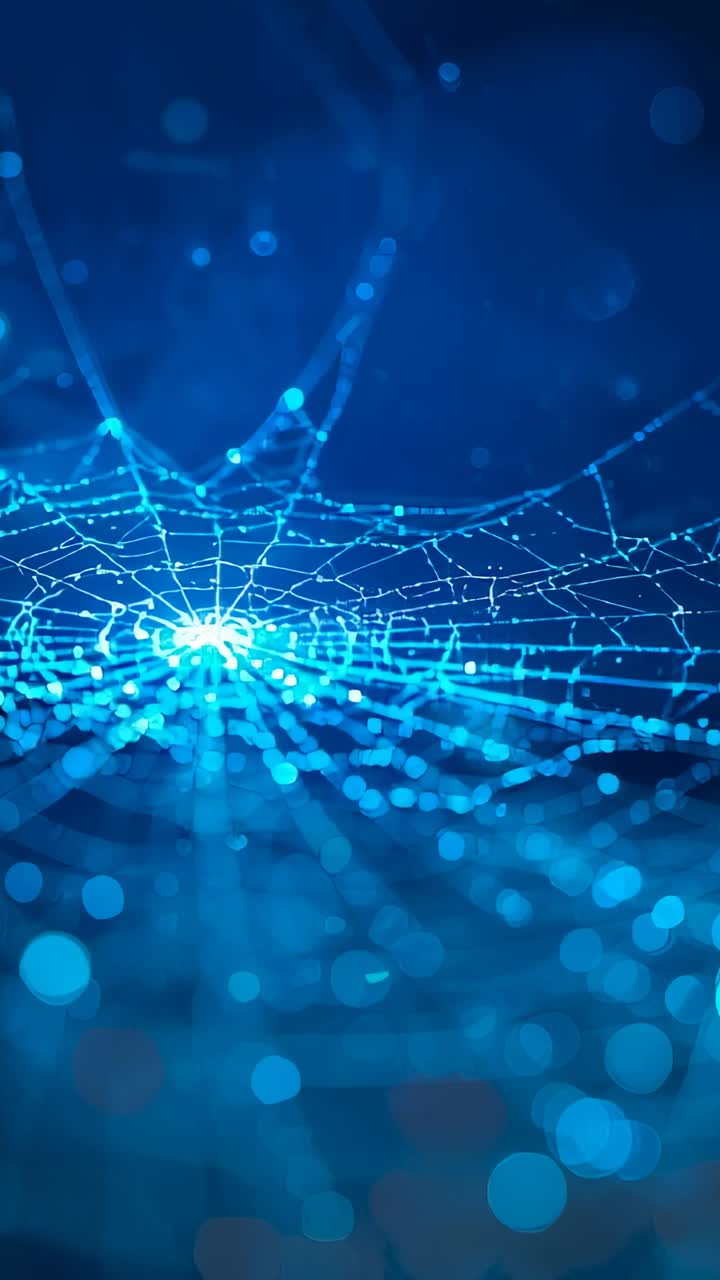 Vertical video: Glowing network grid illuminating blue backdrop with central node and bokeh orbs