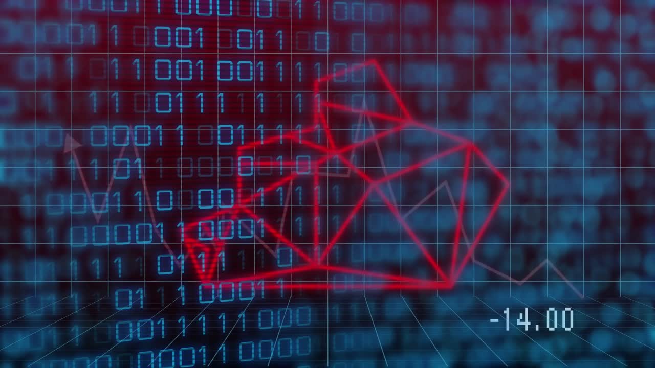 animación de cabeza de oso sobre código binario en fondo rojo oscuro