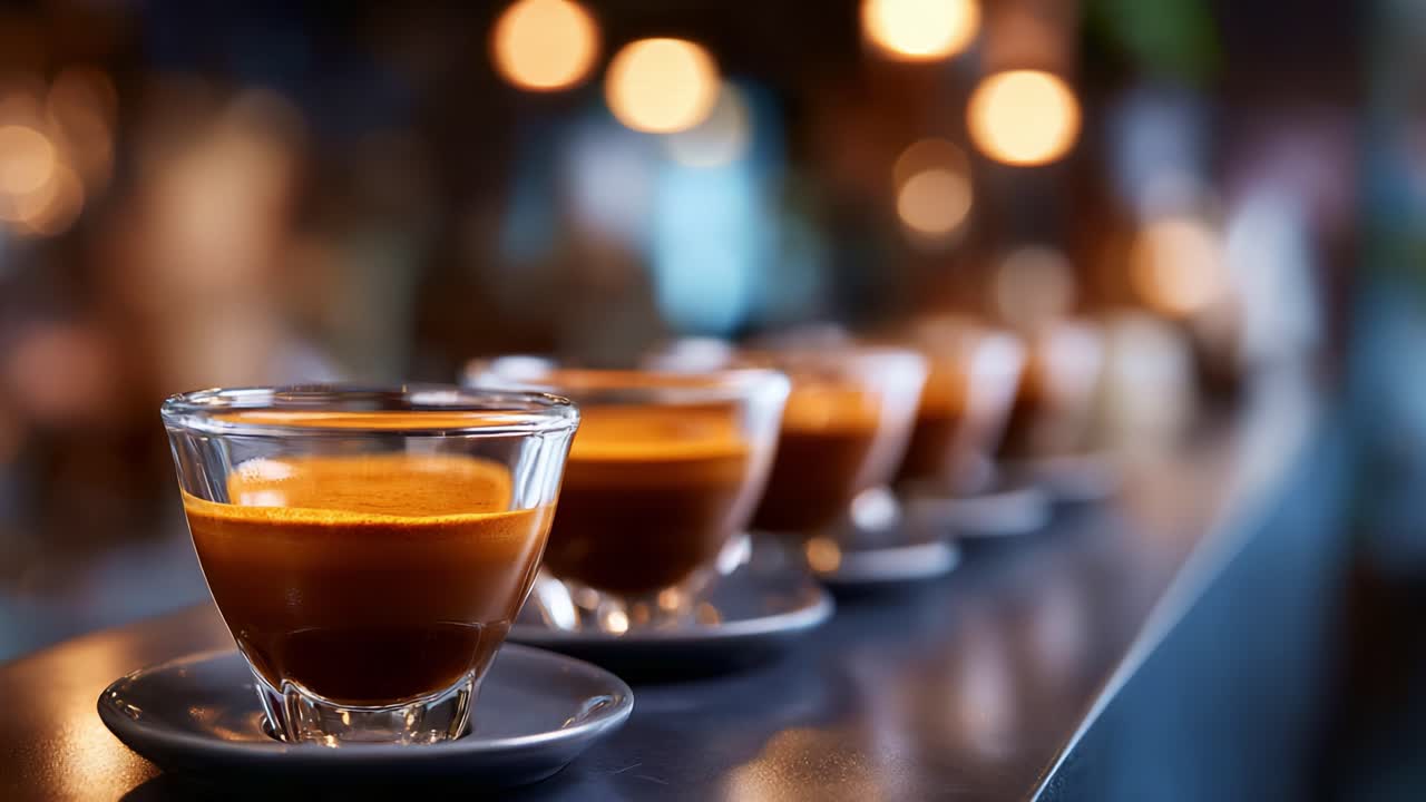 Una fila di caffè espresso presentati con eleganza è disposta sul ripiano liscio di un bar, mettendo in mostra la crema ricca e l'aroma invitante di delizie al caffè appena preparato
