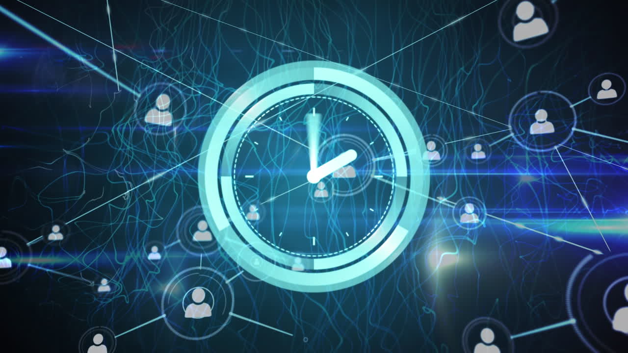 Animation of clock moving over network of connections with icons