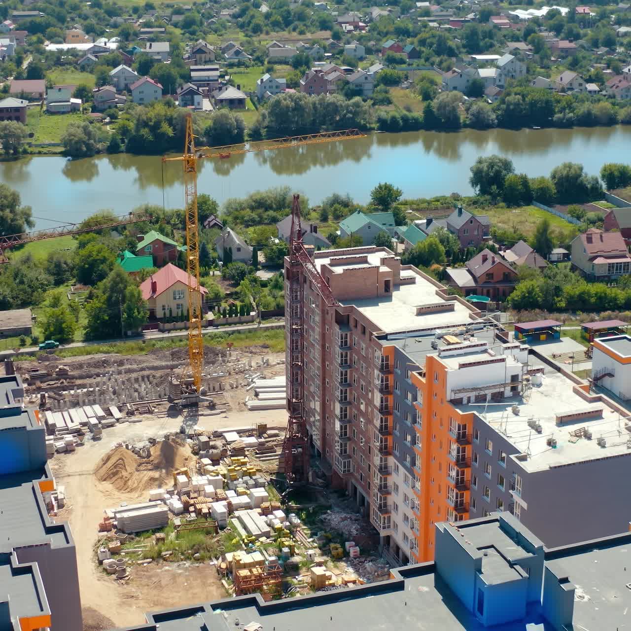 Aerial view of new modern house building. Contemporary residential design of apartment building