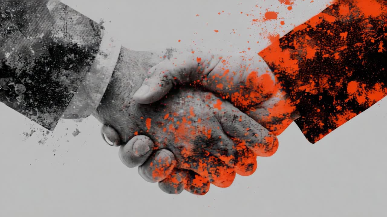 A Powerful Business Collaboration: Two Hands Engaging in a Firm Handshake, Symbolizing Trust, Partnership, and Agreement Amidst an Artistic Background of Gray and Orange Hues Reflecting Commitment and Unity