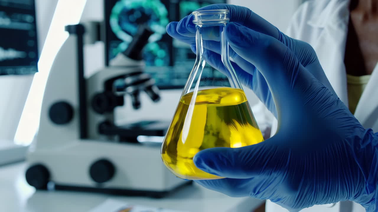 Scientist holding a flask with yellow liquid in a lab