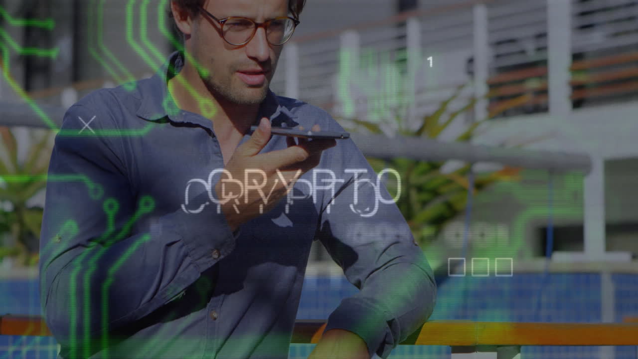 Man using smartphone with CRYPTO text and digital circuit animation overlay