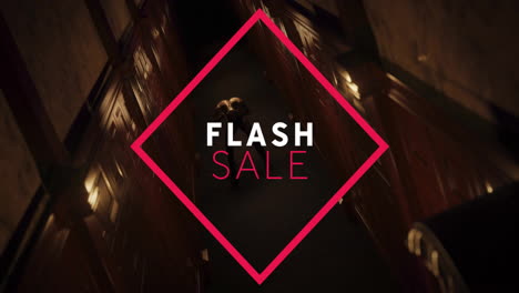 in dimly lit hallway, red diamond with flash sale text drawing attention