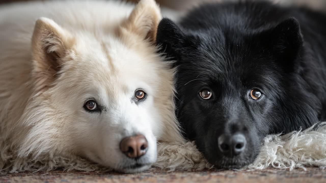 A Heartwarming Moment: Two Adorable Dogs, One White and One Black, Resting Together Comfortably on a Cozy Rug, Their Affection Shining Through in a Serene Setting