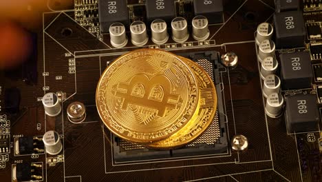 Gold-Bit-Münze-BTC-Münzen-Auf-Dem-Motherboard.-Bitcoin-Ist-Ein-Weltweites-Kryptowährungs--Und-Digitales-Zahlungssystem,-Das-Als-Erste-Dezentrale-Digitale-Währung-Bezeichnet-Wird.