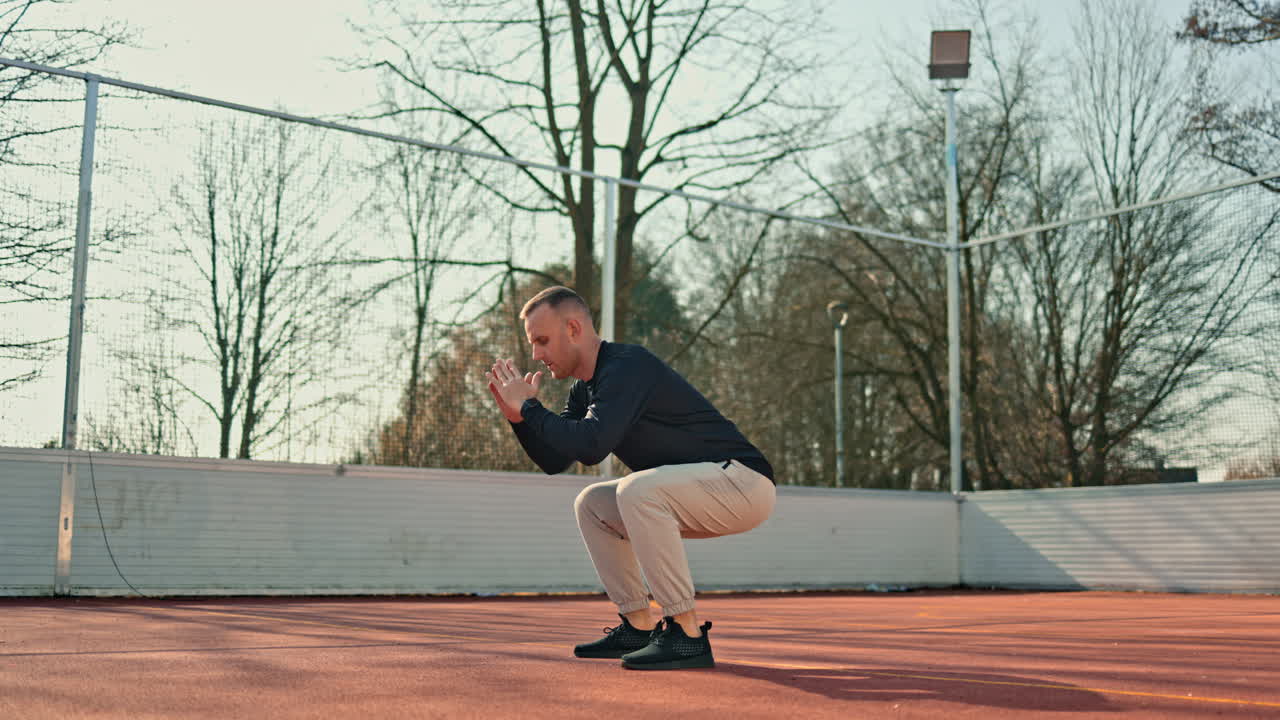 Un hombre practica deporte en un campo al aire libre. En verano, trabaja su cuerpo realizando ejercicios de corrección corporal.