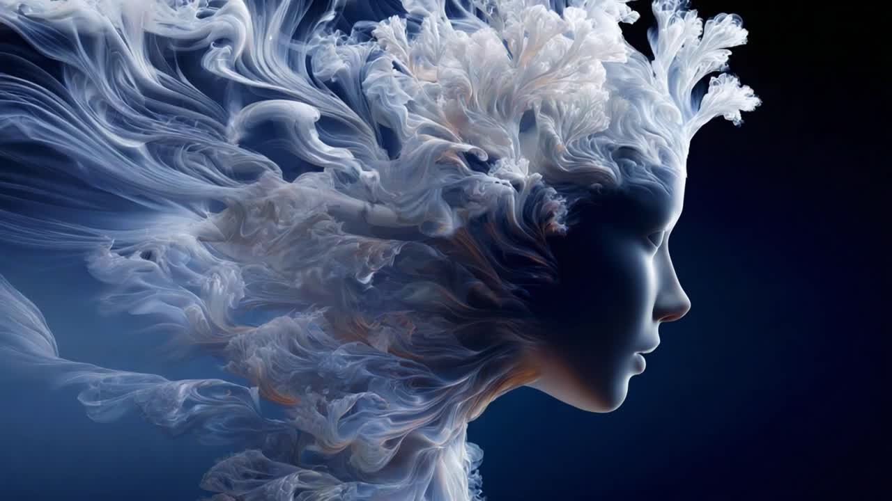 A mesmerizing depiction of an ethereal female form surrounded by flowing tendrils, merging elements of water and air, embodying the essence of nature's beauty and fluidity