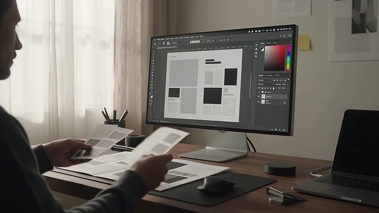 Graphic designer al lavoro su un progetto di layout alla scrivania