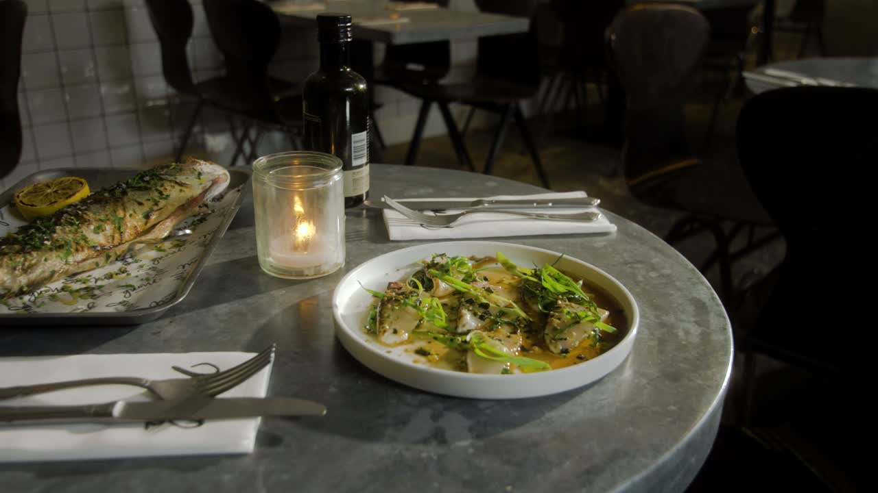 Plate with fish is served in a restaurant