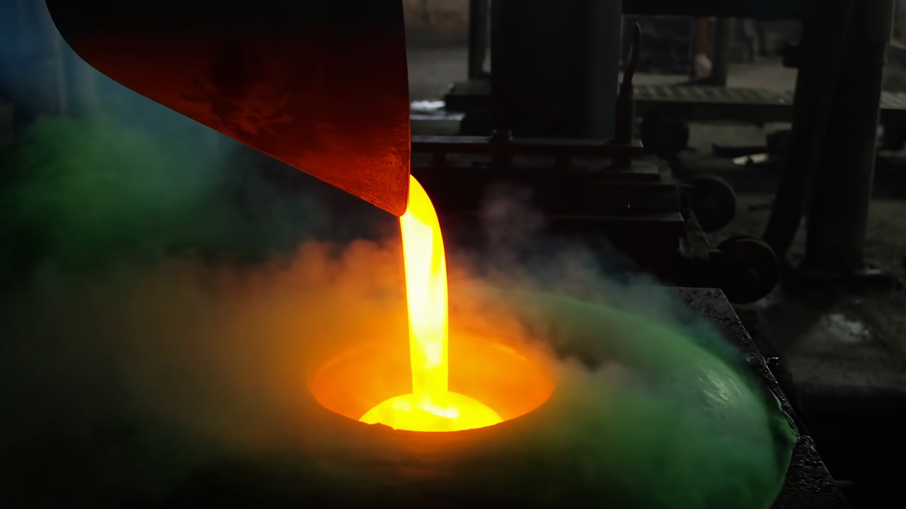Molten Metal Pouring Into Mold, Glowing Stream From Crucible Fills Mold With Incandescent Liquid, Green Smoke