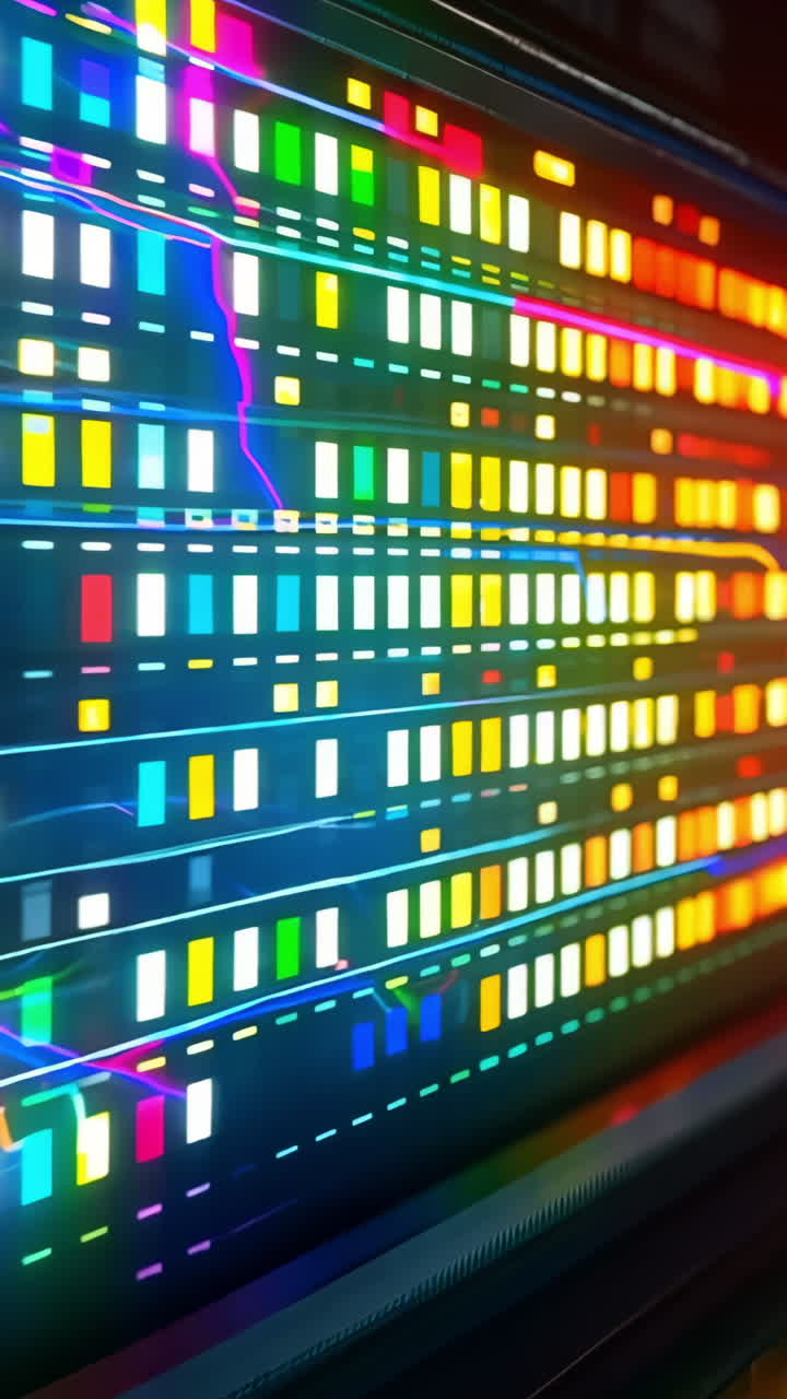 A colorful display of lights that are arranged in a row. The lights are of different colors and are arranged in a way that they create a sense of movement. Concept of energy and excitement