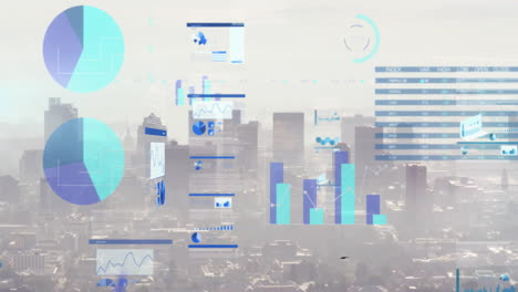 Data visualizations floating above hazy skyline showing pie charts bar charts and line graphs