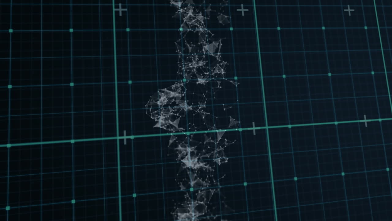 초록색 그리드와 회전하는 입자 구조의 애니메이션, 검은색 배경