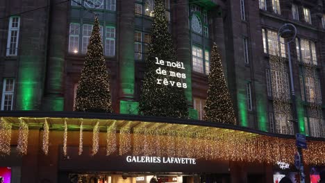 christmas trees and festive lights outside of a shopping mall at festive christmas market in strasbourg, france europe