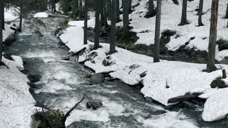 Klare-Wasserstruktur-Im-Dampf.-Schneller-Wasserfluss-Mit-Schneebedeckten-Flussufern-Im-Wald.